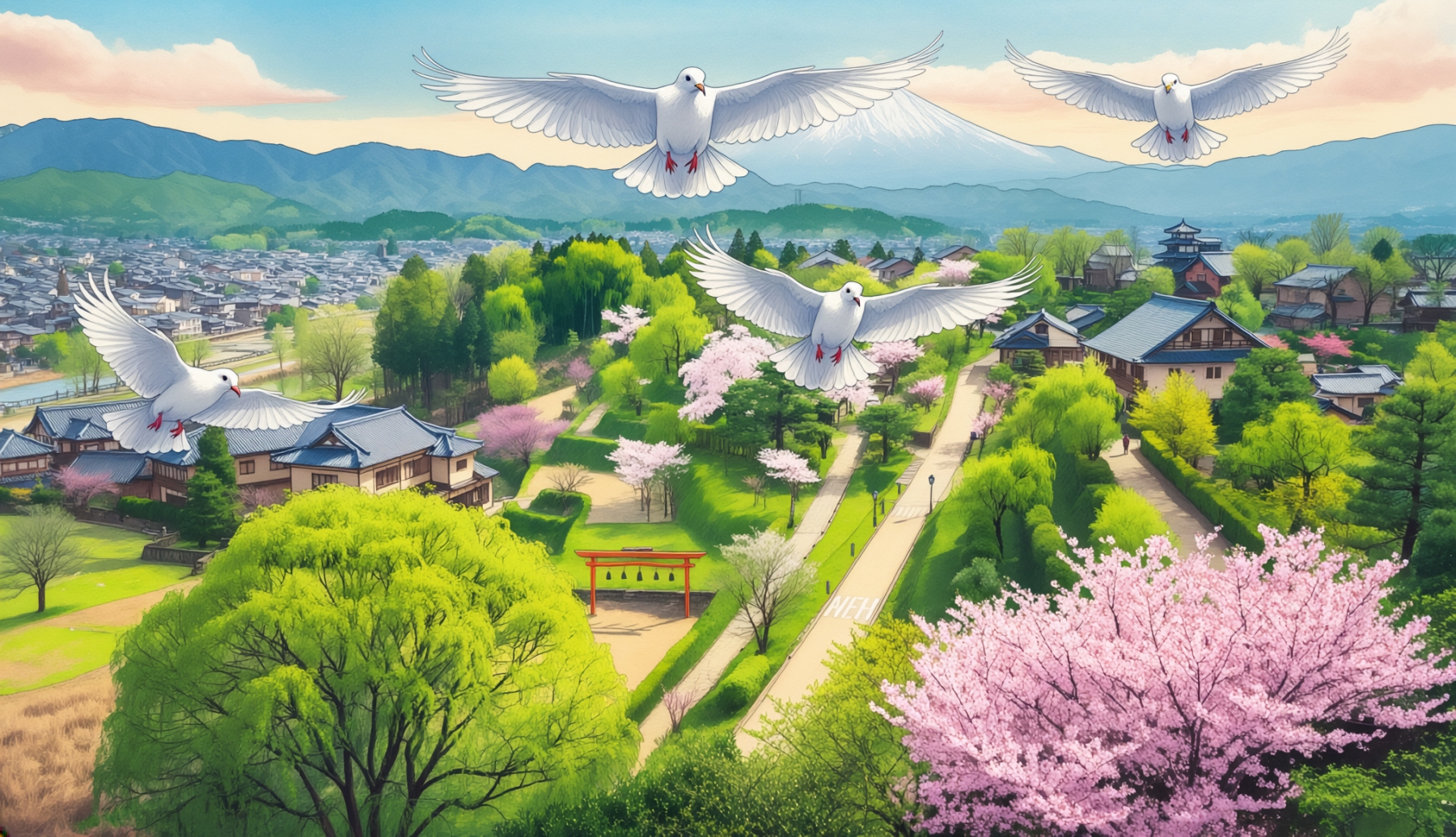 風景と4羽のハト
